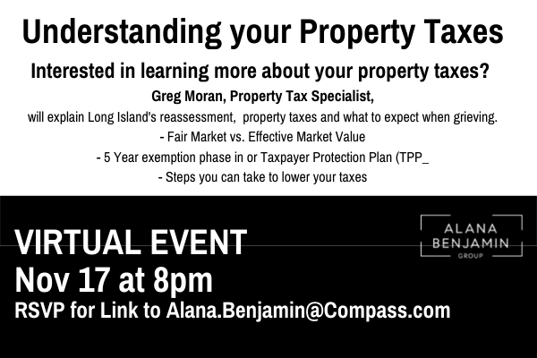 A text graphic that invites readers to a virtual event discussing Long Island's property taxes